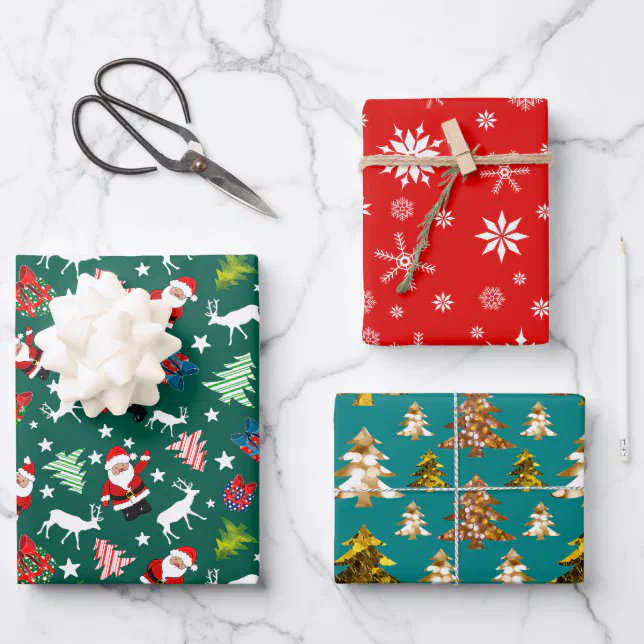 Christmas patterned wrapping paper set of three. #giftwrapping #christmasgiftwrap #wrappingpaper #giftideas #festivegiftwrap #gifts #Zazzle zazzle.co.uk/three_christma…