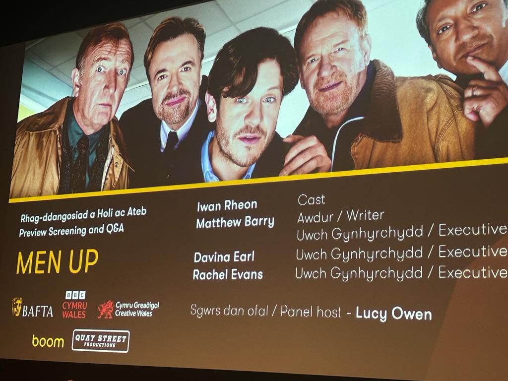 Boom Cymru (@boomcymru) on Twitter photo A great <a href="/BAFTACymru/">BAFTA Cymru</a> evening talking all things #MenUp drama with <a href="/iwanrheon/">Iwan Rheon</a>, <a href="/mjbarry101/">Matthew Barry</a>, <a href="/rachelevans31/">Rachel Evans</a> and Davina Earl.
Noson ddifyr yn trafod drama newydd mewn cwmni da yn <a href="/TaliesinSwansea/">Taliesin Arts Centre</a>.
<a href="/BBCCymruWales/">BBC Cymru Wales</a> <a href="/BBCiPlayer/">BBC iPlayer</a> A great <a href="/BAFTACymru/">BAFTA Cymru</a> evening talking all things #MenUp drama with <a href="/iwanrheon/">Iwan Rheon</a>, <a href="/mjbarry101/">Matthew Barry</a>, <a href="/rachelevans31/">Rachel Evans</a> and Davina Earl.
Noson ddifyr yn trafod drama newydd mewn cwmni da yn <a href="/TaliesinSwansea/">Taliesin Arts Centre</a>.
<a href="/BBCCymruWales/">BBC Cymru Wales</a> <a href="/BBCiPlayer/">BBC iPlayer</a>