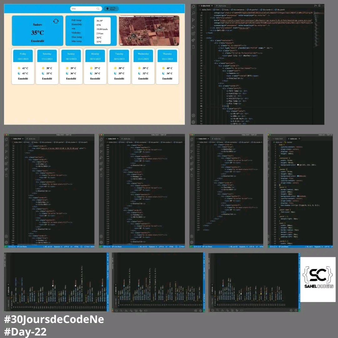 MahamadouBrah67's tweet photo. #30JoursDeCodeNe #day22challenge #codingchallenge
We are on the 22nd day of #30DaysOfCodeNe.
Today's challenge is to reproduce the interface of a weather page with always #html and #css.
@godi_Souleymane
@Abdoul36227
#CS https://t.co/AZPFUIwUqm