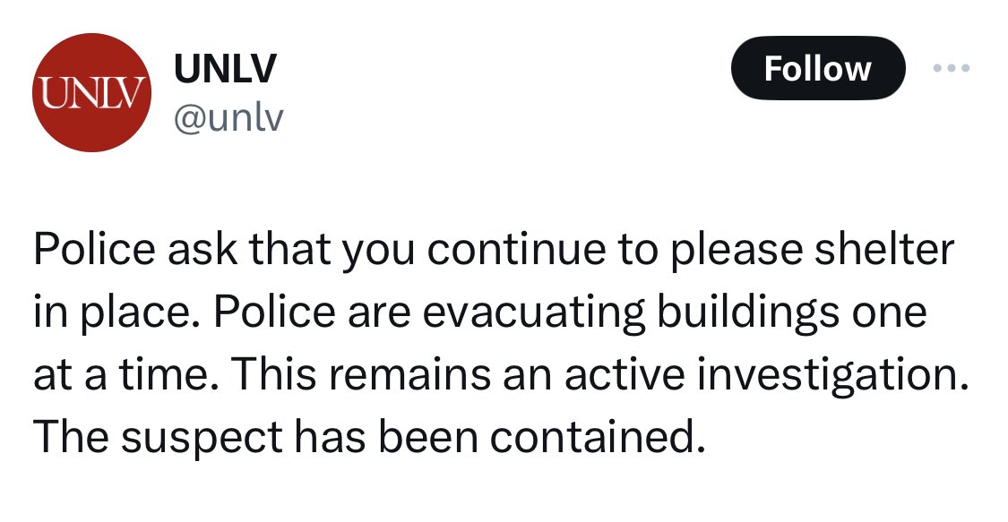 __NorthX's tweet photo. University of Nevada tells Students to Continue to Shelter in Place
Police are evacuating Buildings one By One
#UNLV #Nevada #LasVegas #Shooting #ActiveShooter #MassShooting #NV #BeamHall https://t.co/jZkcchmCgb
