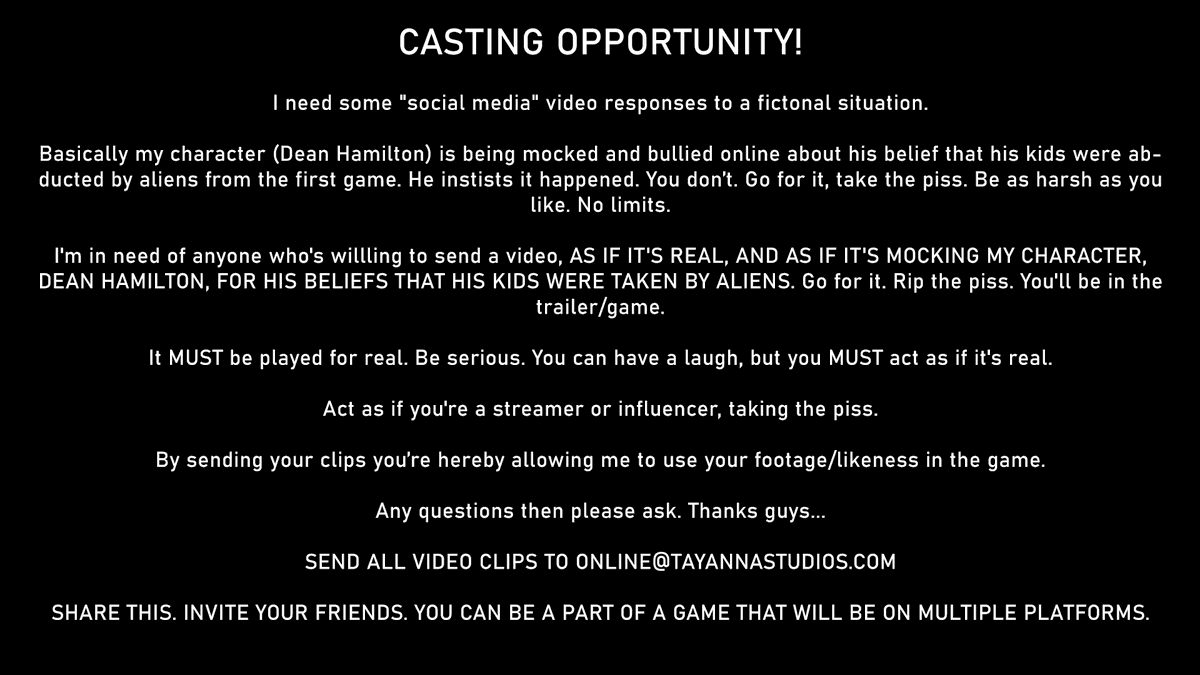 TayannaStudios's tweet photo. I just want to say a HUGE thank you to all of those that have already auditioned for the 'social media' roles. I'm over the moon (pun PURELY intended). Keep 'em comin' - the more the merrier!

#gamedev #indiegames https://t.co/QRkHLYaoDA