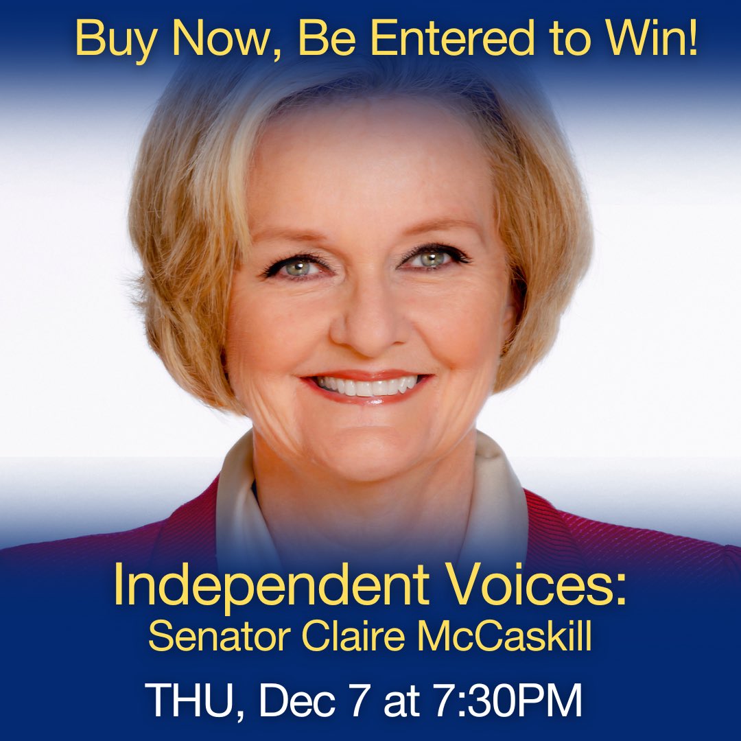 GIVEAWAY ALERT! Purchase 2 tix to hear Senator Claire McCaskill speak on Thursday, December 7 at 7:30PM at SOPAC and be entered to win 2 tickets to a VIP post-show Meet & Greet with the senator in the Loft. Tickets must be purchased by 10AM, Thursday, December 7 to be eligible.