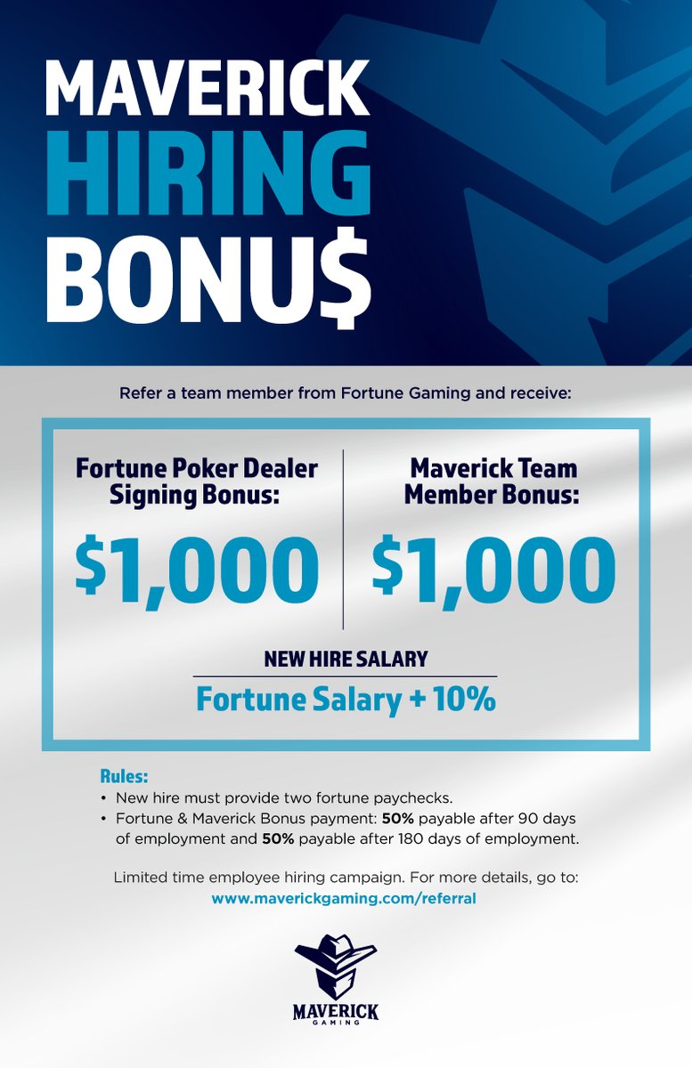 @maverickgaming is growing! Join Maverick Gaming and enjoy a $1,000 signing bonus when you refer a Fortune Gaming team member. New hires benefit from Fortune Salary + 10%! #BeAMaverick For more details, go to: maverickgaming.com/referral