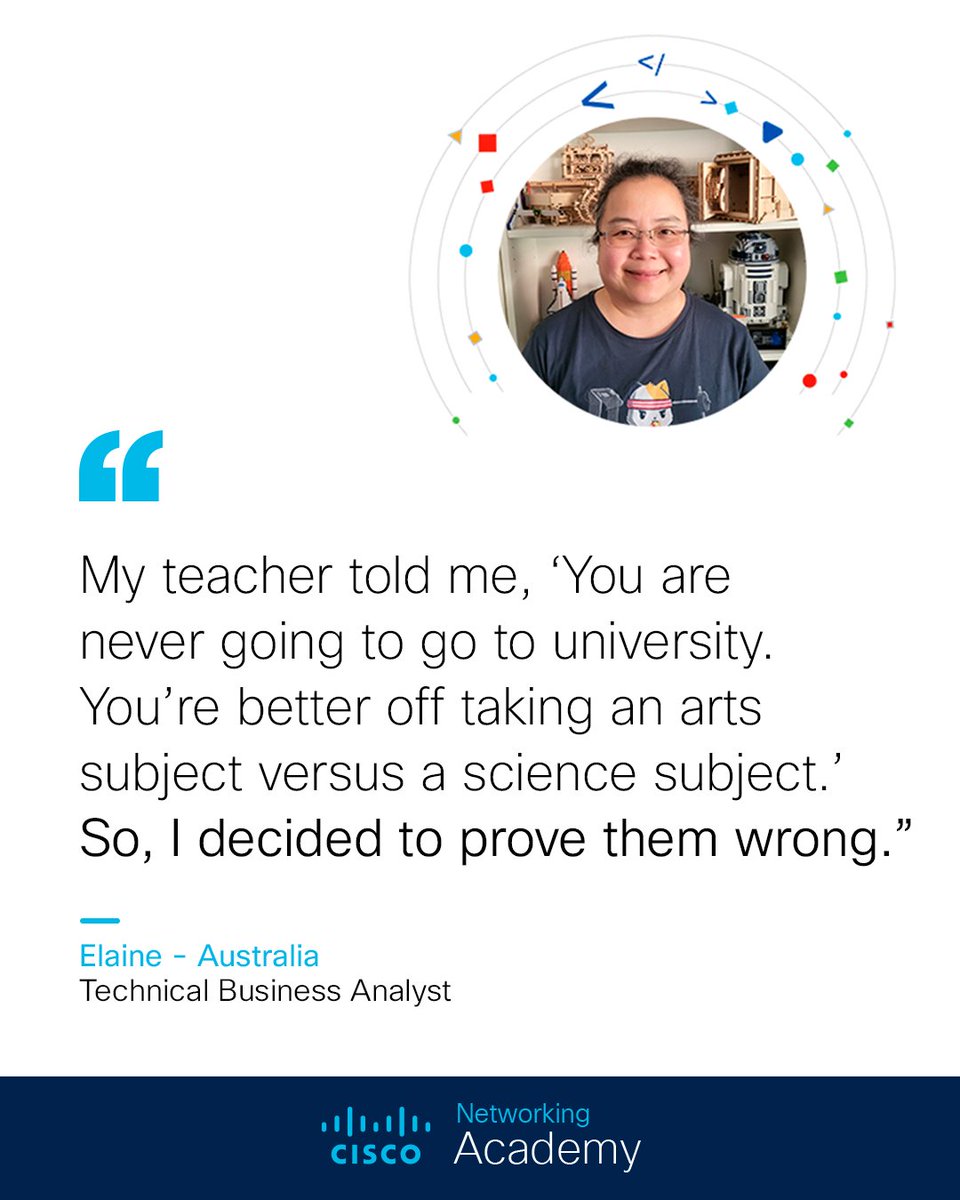 CiscoNetAcad's tweet photo. Determination β Passion
π These are key to making your way into a rewarding career.
Just like Elaine did.
Don't miss her story!
https://t.co/NVe9MR2XAT
#ThisIsNetAcad https://t.co/O4kiSAh8Ni