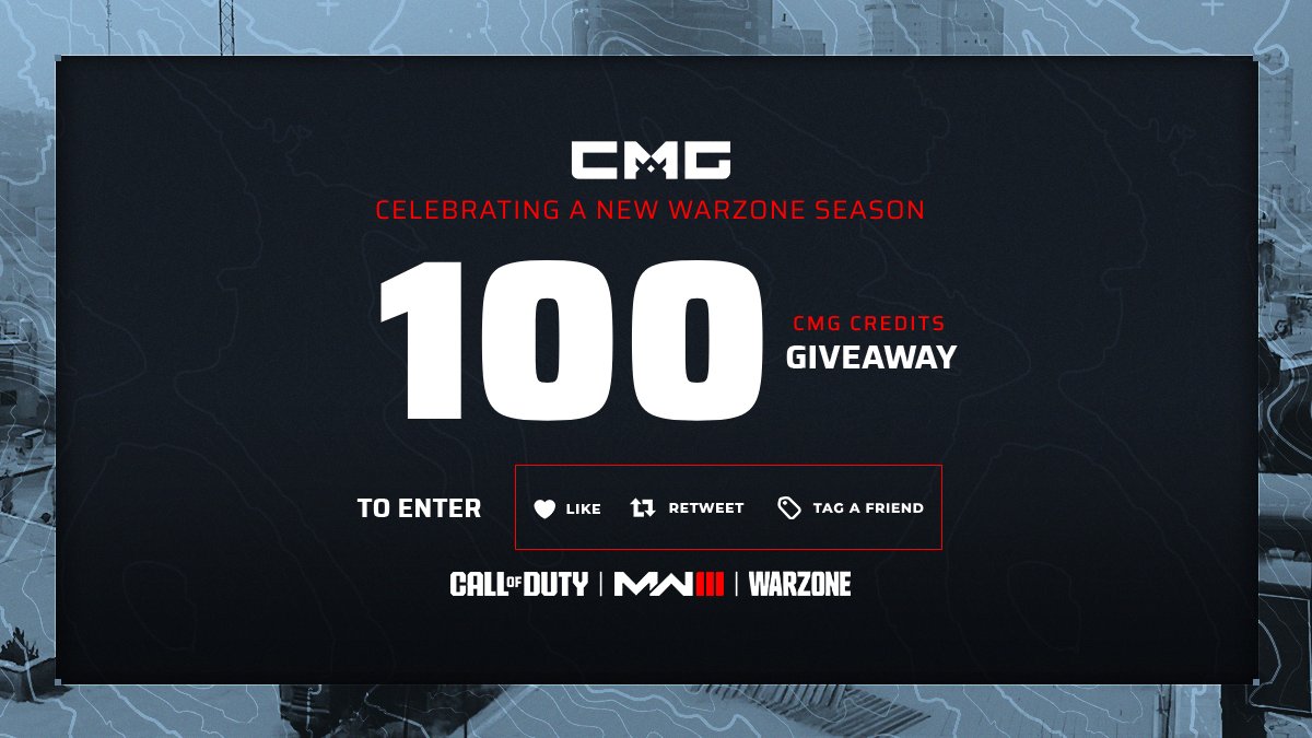 100 CMG CREDITS GIVEAWAY

HOW TO ENTER: 
♻️ Retweet this tweet
👥 Tag a friend
✅ Follow <a href="/CMG_Esports/">CMG</a>

10 winners of 10 credits each will be picked on Friday at 8pm EST

checkmategaming.com

#Warzone #ModernWarfareIII #WZ3 #CMG #Giveaway
