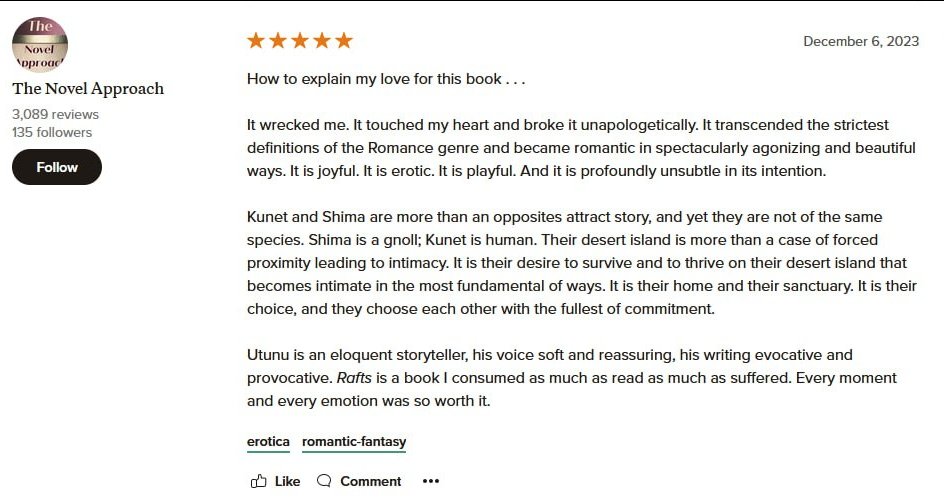 So proud of@WildDogUtunu. Rafts is getting raves, even in mainstream reviews!  #Rafts #books #romantic #fantasy #erotica #feels