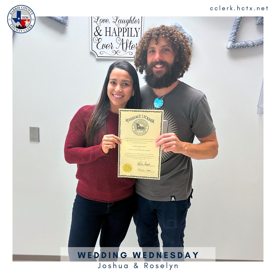 harriscotxclerk's tweet photo. To love, laughter, and a lifetime of adventures together. Cheers to the Roselyn &amp; Joshua! 🥂💑 #hcco #marriagelicense #weedingwednesday https://t.co/ctkUBld36W