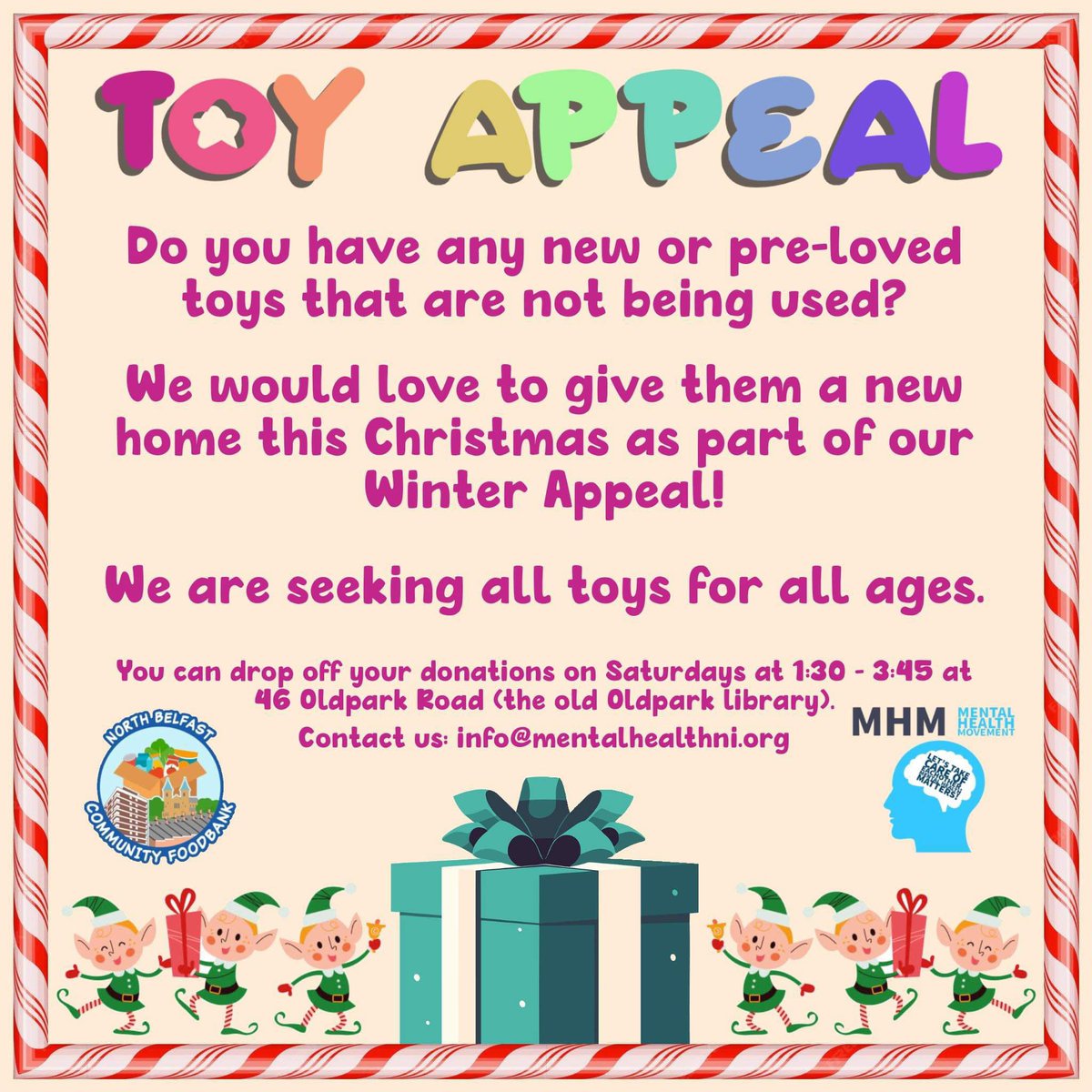 We are still in urgent need of donations of toys, bathe sets and baby items. Our drop of times &amp; locations are below. You can email us on info@mentalhealthni.org to arrange a collection. 🎄❤️