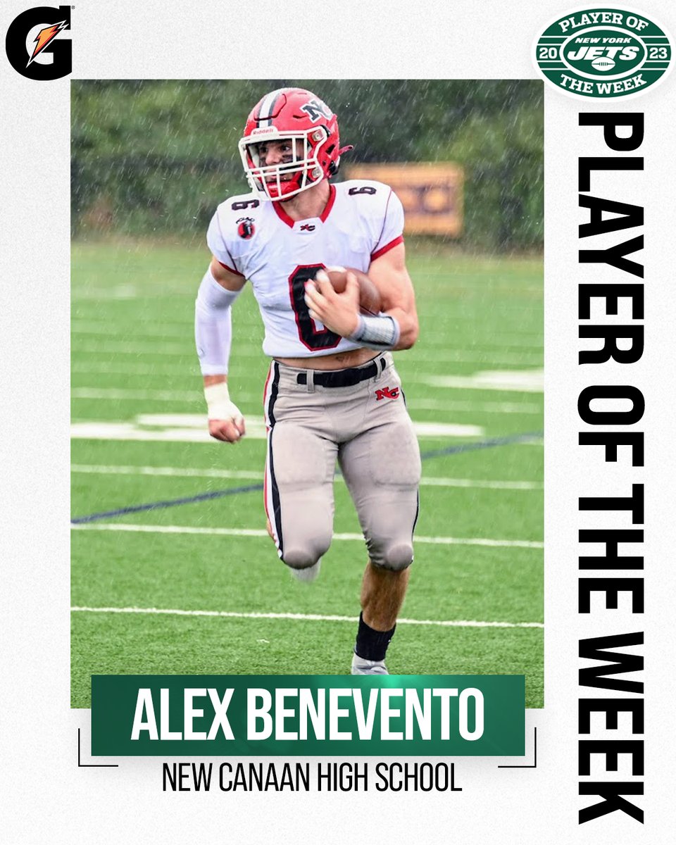 Our Jets HS Player of the Week fueled by <a href="/Gatorade/">Gatorade</a>  this week is Alex Benevento from <a href="/NewCanaanFB/">New Canaan Football</a> 

In the state semifinals, Benevento had an 88-yd kick return for a TD and a 65 yd pick-six, his 3rd this season. The Rams look to defend their state title  Saturday against Darien.