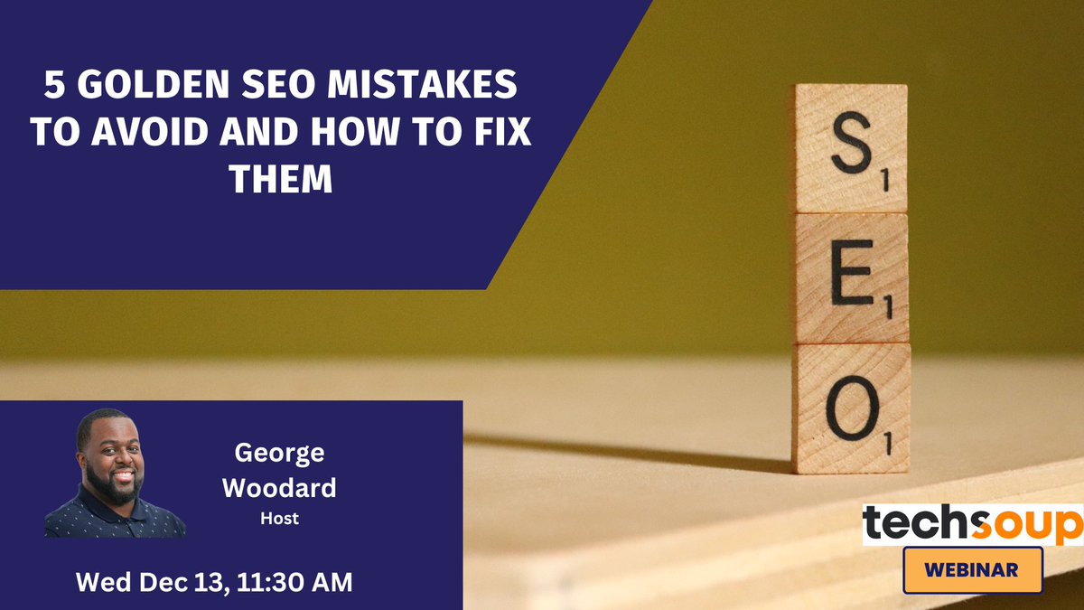 Come get actionable help about how to avoid costly #SEO mistakes.

When: Dec 13, 11:30 AM – 12:30 PM
Where: <a href="/Techsoup/">TechSoup</a>
How: events.techsoup.org/e/m4evjy/

See you there!

#Tech4Good #NPTech #NPMarketing #NPComms #GovTech #communications #contentmarketing #UserExperience