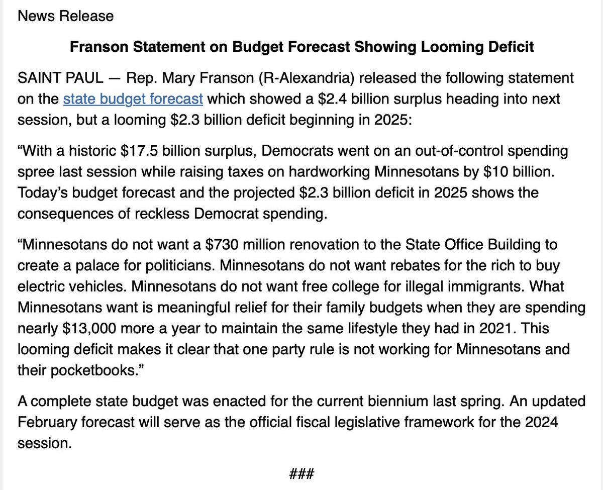 MaryFransonMN's tweet image. My statement on today's budget forecast which projects a $2.3 billion deficit in 2025 ⬇️