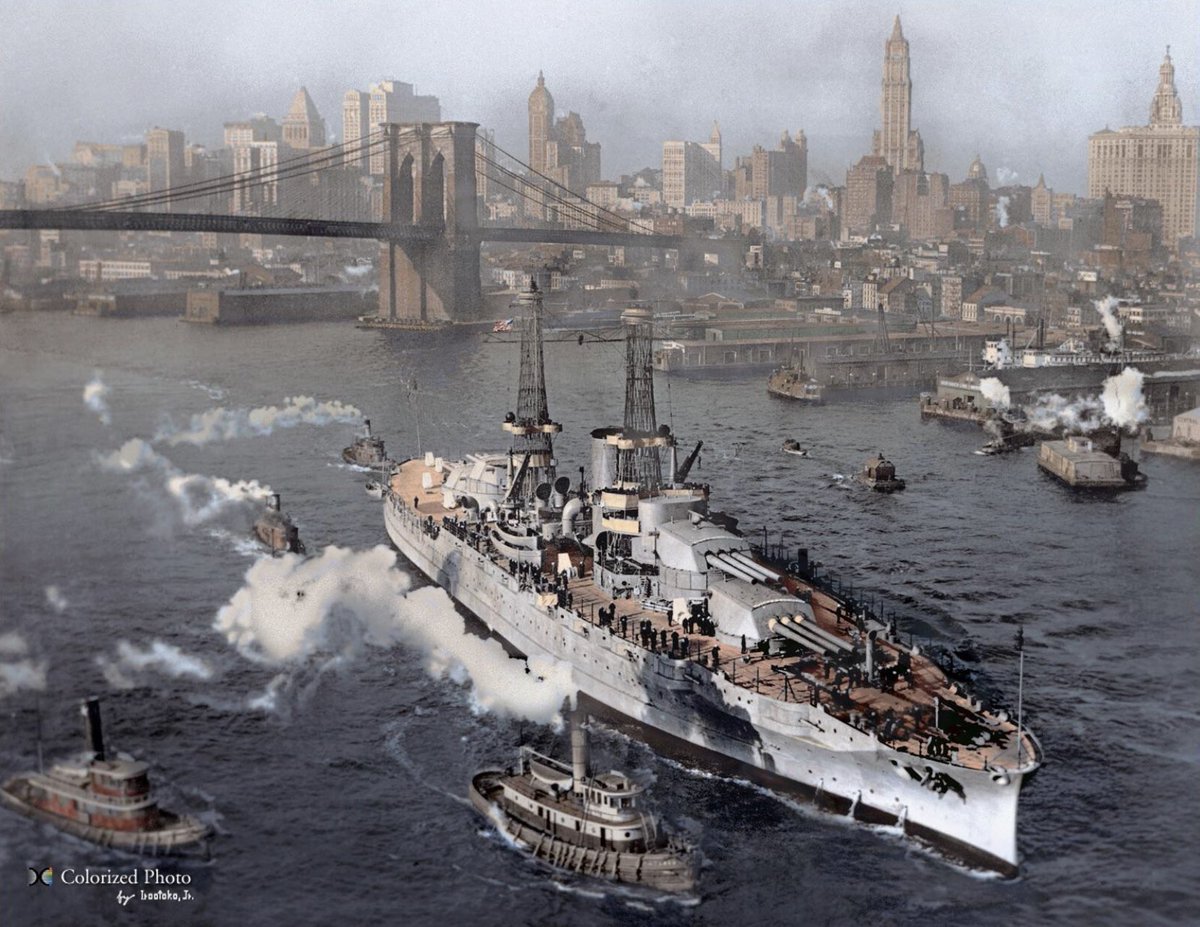 One of the more beautiful photos of USS Arizona is this colorized version of the ship sailing up the East River in New York City after her completion. #PearlHarbor82