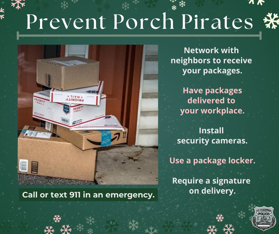 AlexandriaVAPD's tweet image. Take steps to prevent your packages from disappearing this holiday season and year-round. The APD non-emergency number is 703.746.4444 or in the event of an emergency call or text 911. #Holiday #PackageTheft #Safety