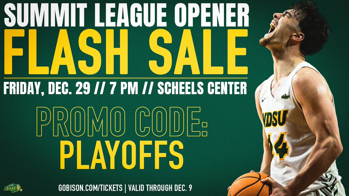 NDSUmbb's tweet image. It’s a great time to be a Bison, with basketball season picking up steam &amp;amp; football playoffs rolling on! To celebrate, we’ve got a special offer for our Summit League opener Dec. 29.

Use promo code  𝑷𝑳𝑨𝒀𝑶𝑭𝑭𝑺  for $10 tickets.

Open to anyone &amp;amp; everyone! Let’s fill it up!