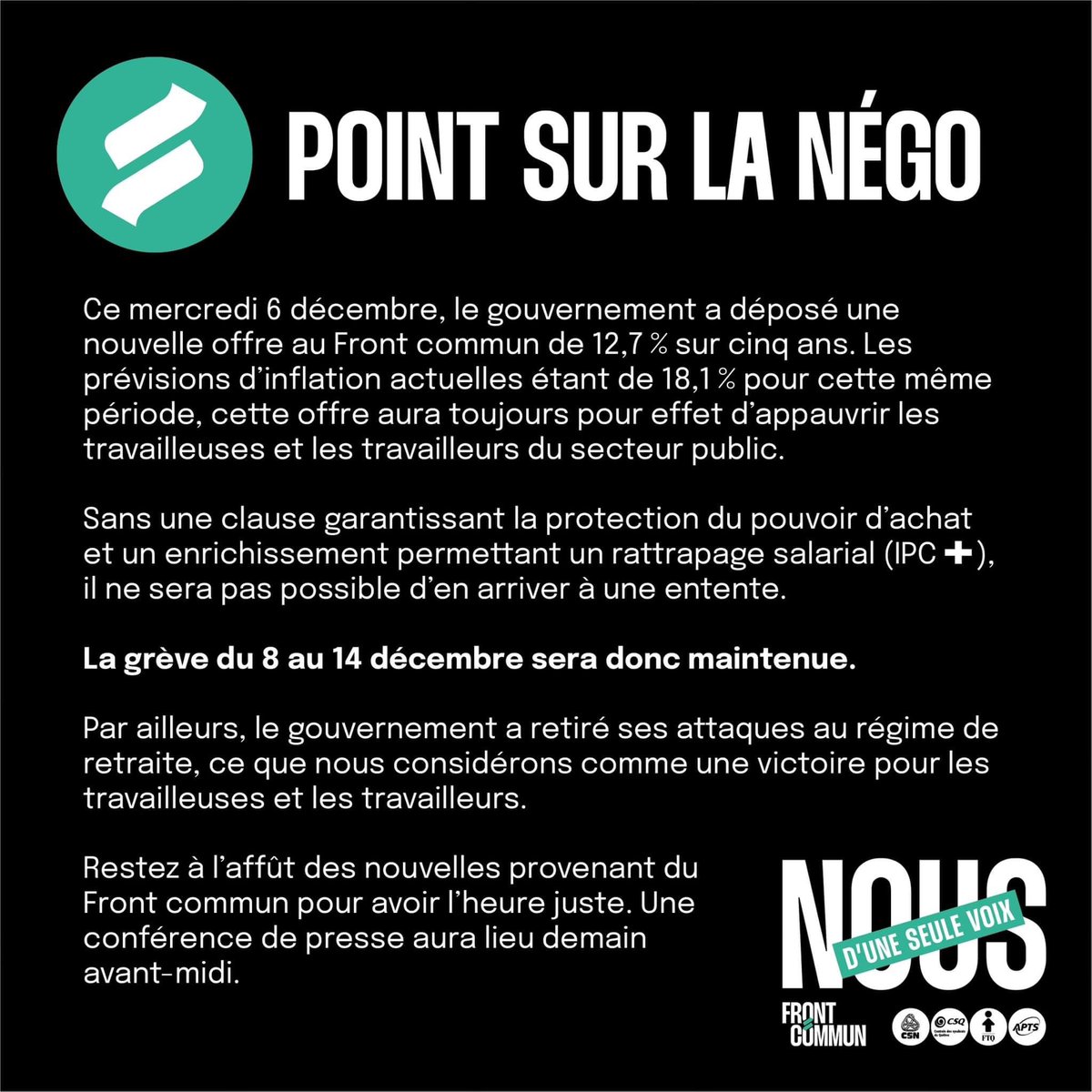 MathieuGohier's tweet photo. Réponse du Front commun à la nouvelle offre salariale. 

On ne s’entend pas avec le gouvernement sur le calcule de l’inflation, le FC inclut 2022. 

« Cette offre aura toujours pour effet d’appauvrir les travailleuses et les travailleurs du secteur public. »

#polqc #assnat https://t.co/CgDvurNJil