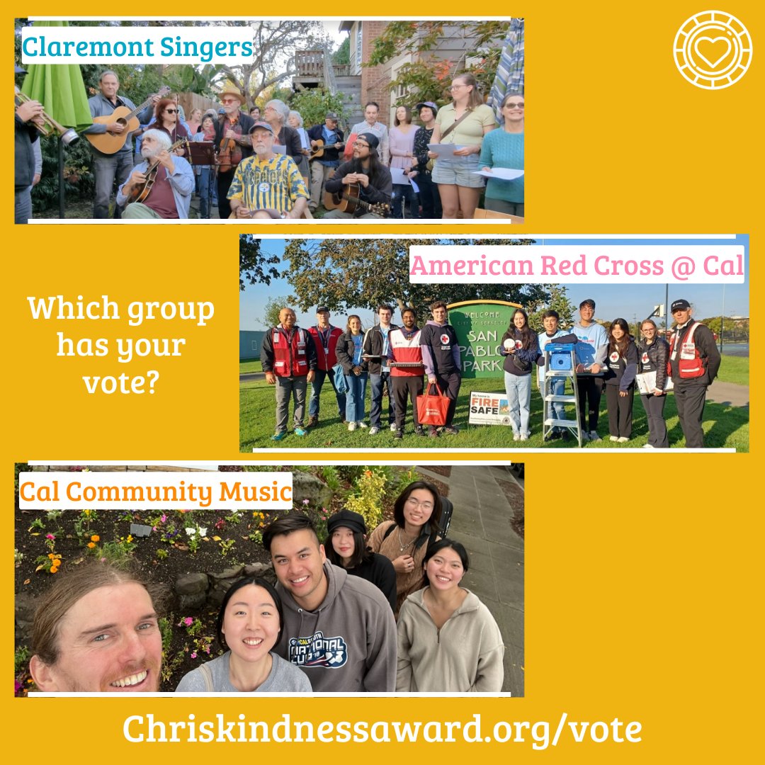 ChrisKindness's tweet photo. You have two more days to vote on one group to win our $1000 kindness award! We need your help to pick which act of kindness moved you the most. Vote at https://t.co/jxYwu2czUk 

Voting ends Friday Dec. 8 at 5pm PST. 

#chriskindnessaward #kindnesspays #berkeley #kindnessmatters https://t.co/sZDRSXPCiu