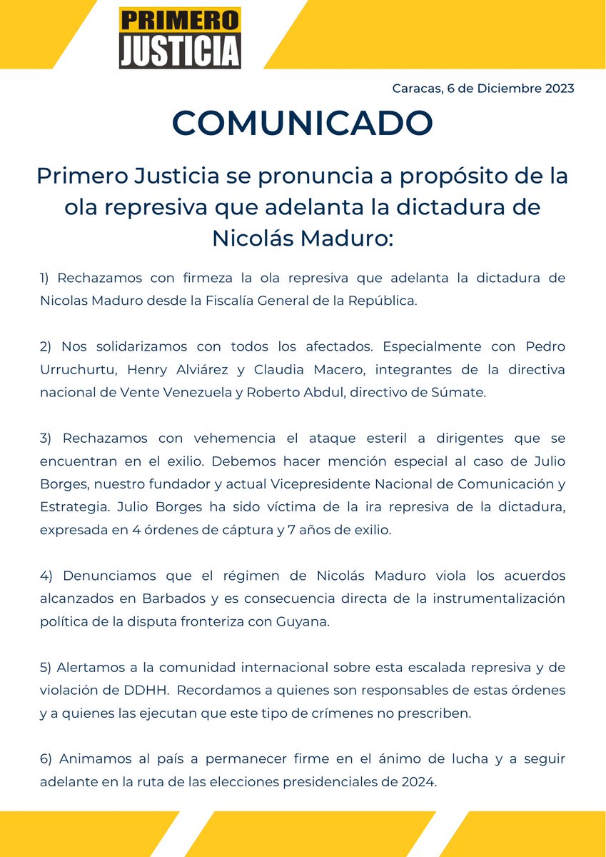 COMUNICADO| Rechazamos con firmeza la ola represiva que adelanta la dictadura de Nicolás Maduro desde la Fiscalía General de la República. #6Diciembre