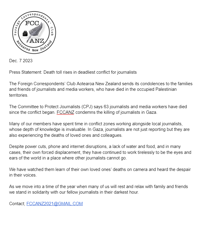 FCCANZ's tweet photo. FCCANZ statement on journalism deaths in Gaza. https://t.co/y0uFFj9c06
