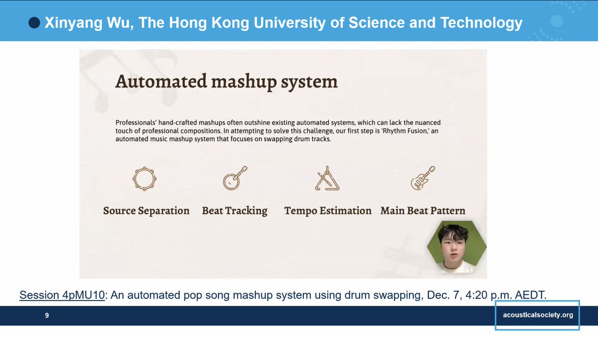 AppliedOceanSciences (@appliedoceansci) on Twitter photo Talk 3 of <a href="/AIP_Publishing/">AIP Publishing</a> #Acoustics23 is Xinyang Wu at Hong Kong University of Science and Technology explaining how he uses drum beats to #mashup pop songs with #AI
<a href="/AcousticsAUS/">Australian Acoustical Society</a> <a href="/acousticsorg/">Acoustical Society of America</a>
#music #drums Talk 3 of <a href="/AIP_Publishing/">AIP Publishing</a> #Acoustics23 is Xinyang Wu at Hong Kong University of Science and Technology explaining how he uses drum beats to #mashup pop songs with #AI
<a href="/AcousticsAUS/">Australian Acoustical Society</a> <a href="/acousticsorg/">Acoustical Society of America</a>
#music #drums