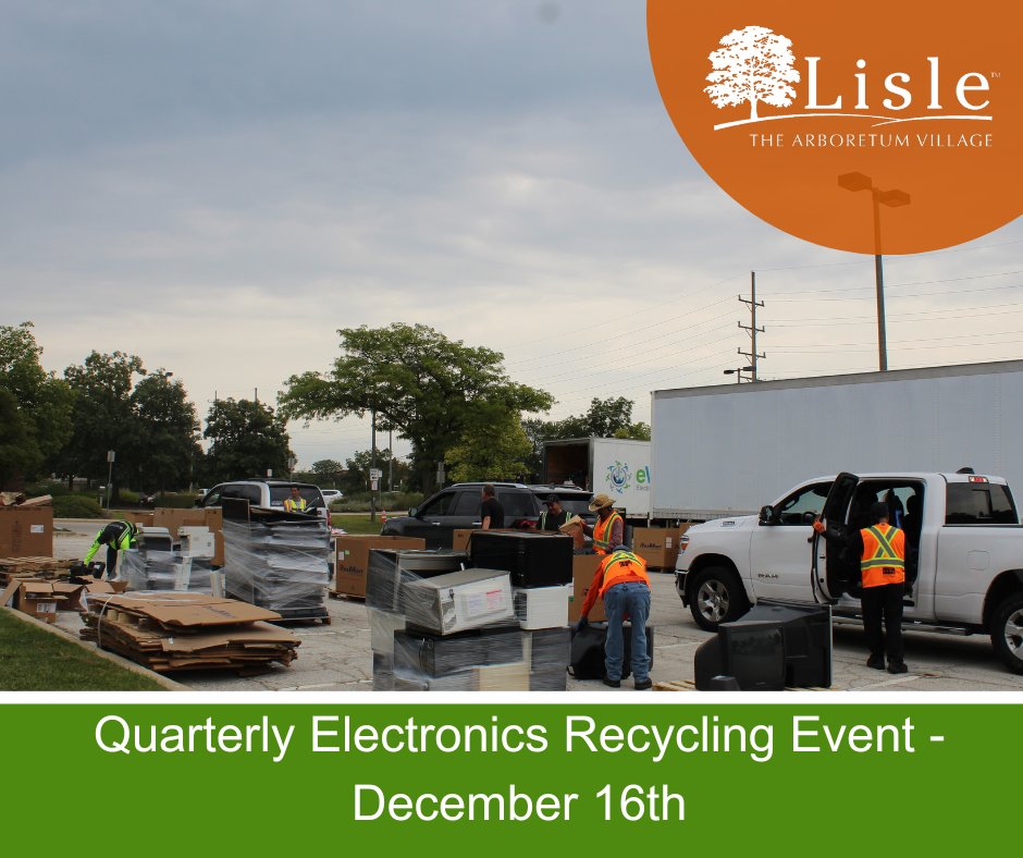 Recycling event alert! On December 16th, DuPage County residents can recycle old electronics and textiles at the Village's quarterly event held from 8:00 a.m. to noon in the Commuter Parking Lot. Learn more at bit.ly/3RO7RPu. #recycling #sustainability