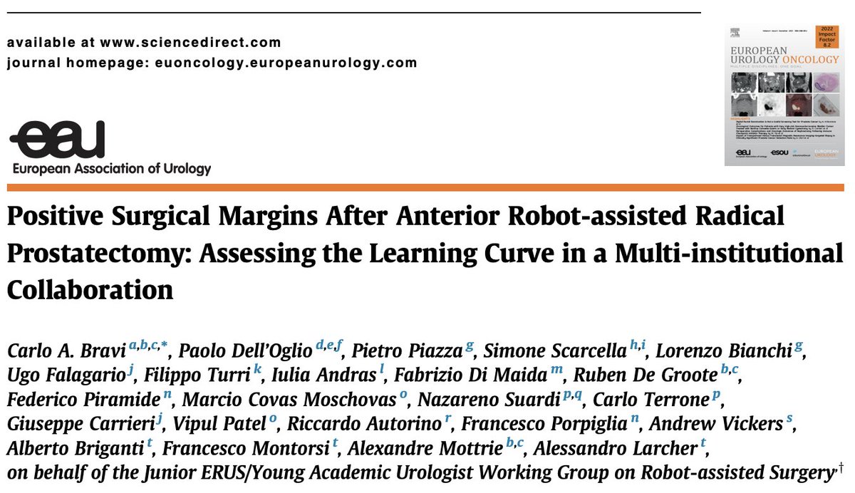 📣 13,000 patients, worldwide collaboration led by @EAU_YAURobotics @ERUSrobotics 🚀 Learning curve for PSM after anterior RARP, stratified for pT2/pT3 ➡️ Published on @EurUrolOncol, free access here authors.elsevier.com/a/1iATh9Cfv-xp…