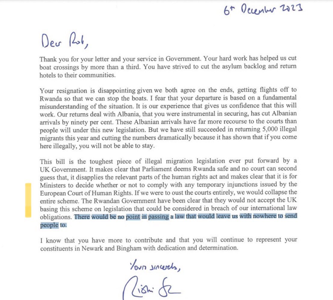 The PM’s letter to Robert Jenrick seems to confirm that it was not his but RWANDA’s concern for OUR international law obligations that prevented the Bill from going even further. Shameful if true.