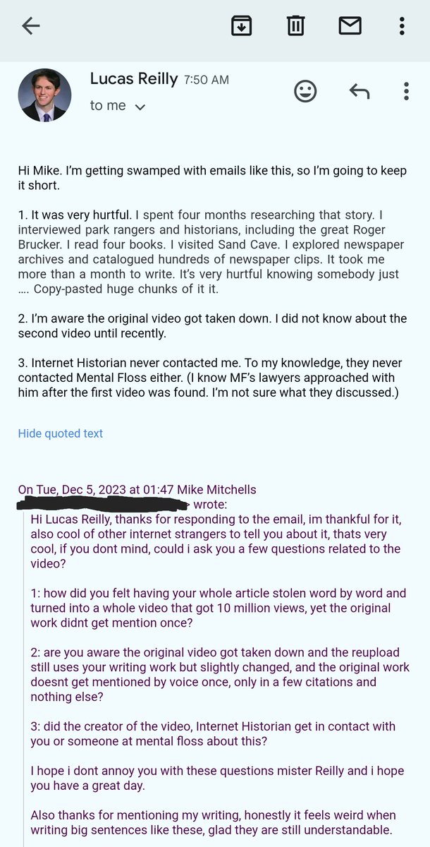 mirage_sessions's tweet photo. @Hbomberguy Hi mr bomberguy, i wanted to tell you i was able to get in contact with Lucas Reilly, the writer for the 1925 floyd cave article that internet historian used for his video, here is what he told me when i asked him about it. https://t.co/V5URa3HcnN