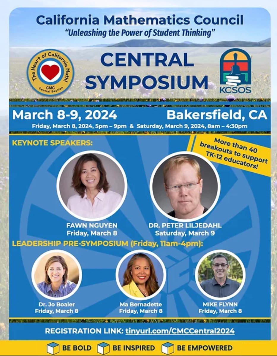 I am looking forward to the #CMCcentral symposium in Bakersfield on March 8 &amp; 9, 2024

We have some amazing speakers lined up.

More info: cmc-math.org/cmc-central-sy…

<a href="/CAMathCouncil/">CMC - CA MathCouncil</a>