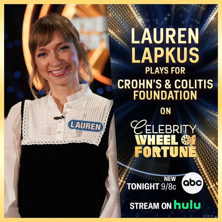 CrohnsColitisFn's tweet image. Look who’s making #IBDvisible by appearing on @celebritywof  tonight!

Tune in at 9 p.m. ET on ABC to see Lauren Lapkus compete on behalf of the Crohn’s &amp;amp; Colitis Foundation. 

#CCAwarenessWeek #CelebrityWheelOfFortune