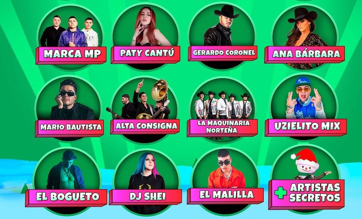 mninoticias's tweet photo. Banda El Recodo
Mau y Ricky
La Adictiva
Marca MP
Paty Cantú
Ana Barbara
Bogueto
El Malilla
Uzielito Mix
Polymarchs
Alta Consigna
Gerardo Coronel
Mario Bautista
La maquinaria norteña
DJ SHEI·Y
#SantaFiesta https://t.co/XXiT1yTWS6