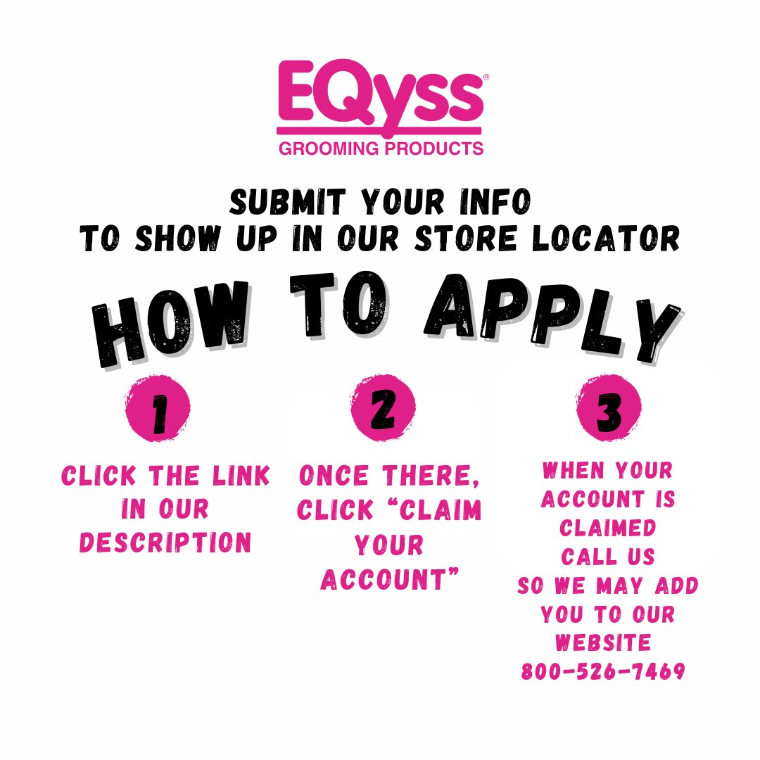If you are a store that sells #EQyss Products or a Groomer that uses EQyss in your Salon, we want to list you on our store / groomer locator
✅Click the link to create &amp; claim your account: loom.ly/mkm4IoM
✅Once you create &amp; claim your account call us at 800-526-7469