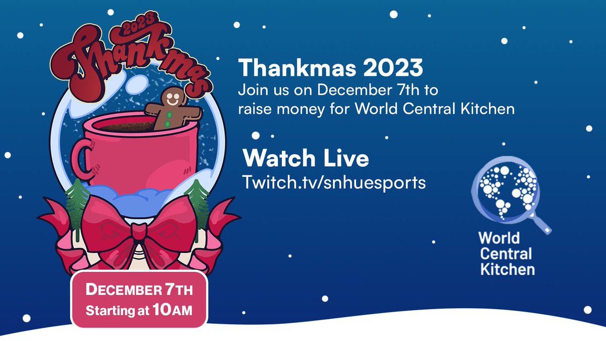SNHU Esports (@snhuesports) on Twitter photo .<a href="/TheThankmas/">Thankmas Official</a> is just around the corner!
SNHU Students and staff will be streaming all day tomorrow to help raise money for World Central Kitchen.
Starting at 10am on Twitch, link in the replies π½ .<a href="/TheThankmas/">Thankmas Official</a> is just around the corner!
SNHU Students and staff will be streaming all day tomorrow to help raise money for World Central Kitchen.
Starting at 10am on Twitch, link in the replies π½