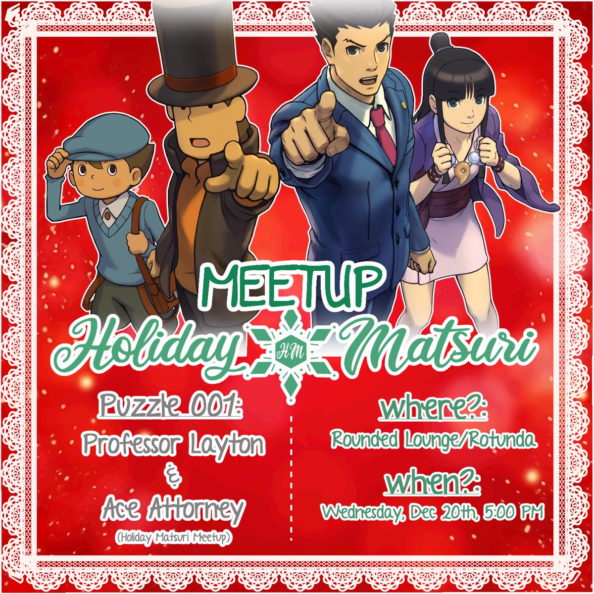 cannypie0's tweet image. 🧩VERY EXCITING ANNOUNCEMENT⚖️ 
@s68ls and I are hosting a Professor Layton and Ace Attorney meetup at @HolidayMatsuri this year!
•
Feel free to DM me if you have any questions or just want to let us know you’ll be there! 
(Map below⬇️)
#holmat #holmatmeetup #fanmeetup #cosplay