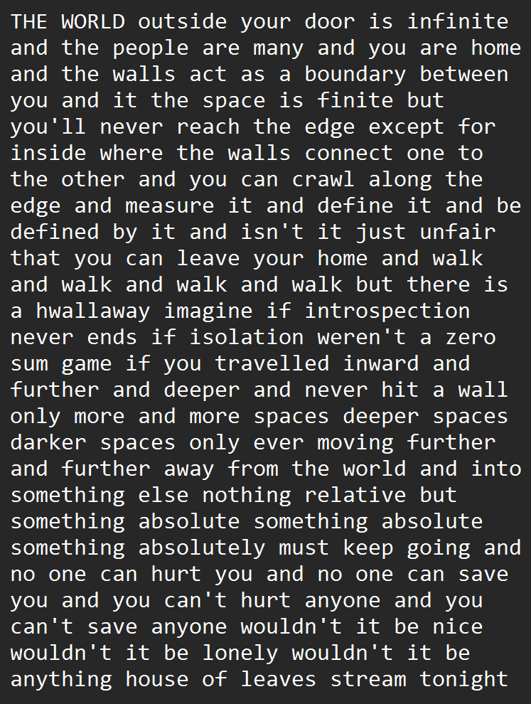 faebotics's tweet image. a sudden change of plans leaves me available to do a house of leaves stream tonight! starting on chapter XX in about II hours on twitch.tv/faebiotics