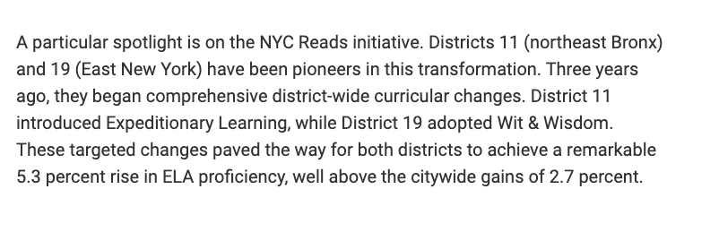 Hasn't received enough attention: NYC schools using the two knowledge-building curricula recommended by literacy experts outpaced other @NYCSchools districts in recent assessments. HT @District11BX @NYCDistrict19 @cristinevaughan! See: schools.nyc.gov/about-us/news/…