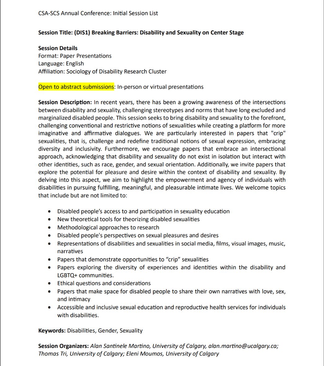 📢 Call for Abstracts! 🌟 Explore the intersection of Disability and Sexuality in our session: 'Breaking Barriers: Disability and Sexuality on Center Stage' at the Canadian Sociological Association 2024 Meeting in Montreal. 🌈 csa-scs.ca/files/www/Conf…