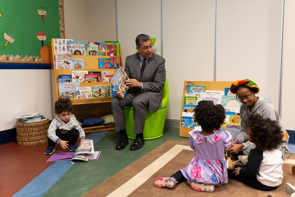 SecBecerra's tweet photo. I made some new friends when I stopped by the @HHSGov and @usedgov Children’s Center for story time this morning. 

It’s Day Three of the @Surgeon_General’s challenge, so what better time to share a picture book and some laughs? Moments like this remind us we are #MadeToConnect. https://t.co/ga2yPkhxdA
