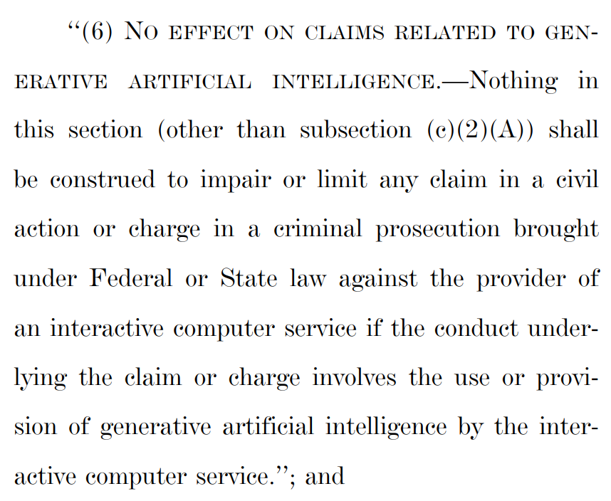 zittrain's tweet image. Sens. Hawley+Blumenthal want to strip online platforms of the protections of CDA 230, nixing the immunities they enjoy when amplifying *AI-made* speech. But: the platforms can&apos;t discern what&apos;s from AI, so they&apos;d have to treat all posts as potential lawsuits. So, a 230 repeal.