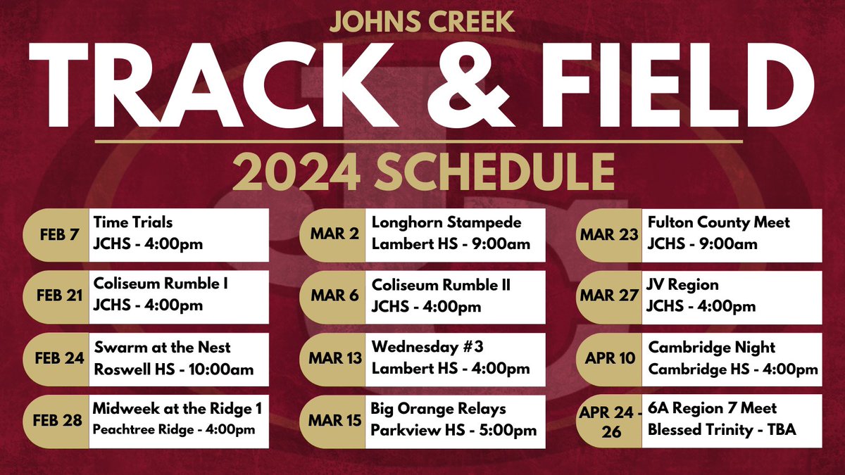 The new track season will be here before we know it! Here is the 2024 JCHS Track & Field Meet Schedule! #TrackandField
#JustConquer #JCHSGladiators #WeAre