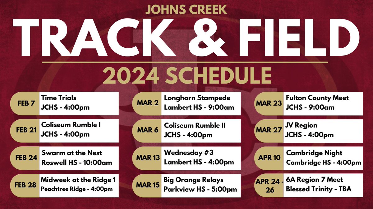 The new track season will be here before we know it! Here is the 2024 JCHS Track &amp; Field Meet Schedule! #TrackandField
#JustConquer #JCHSGladiators #WeAre