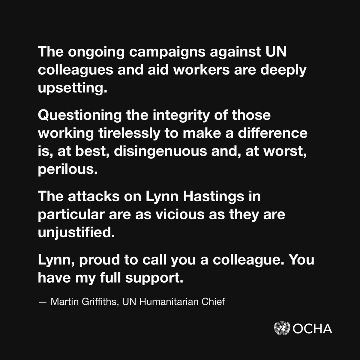 UNReliefChief's tweet photo. The ongoing campaigns against UN colleagues and aid workers are deeply upsetting. https://t.co/v6ehmsr1aE