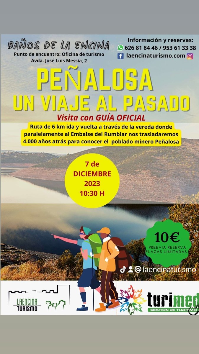 Os esperamos mañana día 7 de diciembre para disfrutar de #Peñalosa
Viaja 4000 años atrás para descubrir con nuestro guía oficial de @turimedturismo uno de los yacimientos arqueológicos más importantes de la Edad del Bronce
💻Reservas online laencinaturismo.com
📞 626 81 84 46
