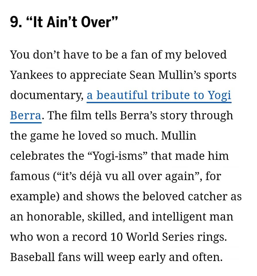 lindsayberra's tweet photo. Very exciting for @itaintoverdoc to be selected by the @BostonGlobe as one of the 10 best films of 2023! "Baseball fans will weep early and often." Catch the film on @PrimeVideo, @netflix or @AppleTV! #Yankees #Mets #MLB #ItAintOver 🙏⚾️❤️ https://t.co/ZTWkYELIZ6