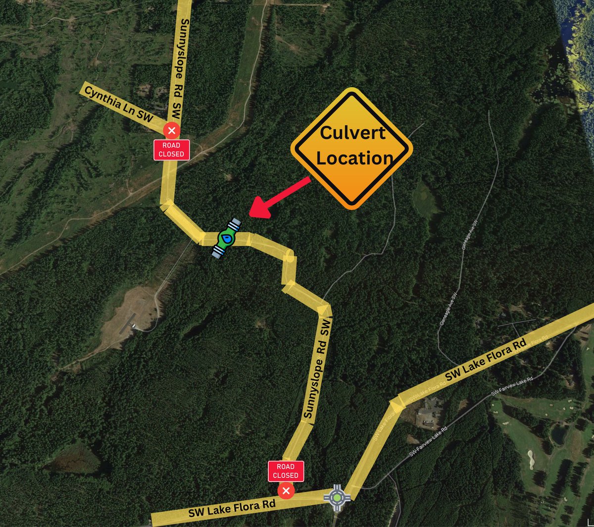 Sunnyslope Rd SW remains closed between SW Lake Flora Rd and Cynthia Ln SW due to a failed culvert. The road will remain closed until a replacement structure is in place. Please plan your routes accordingly.