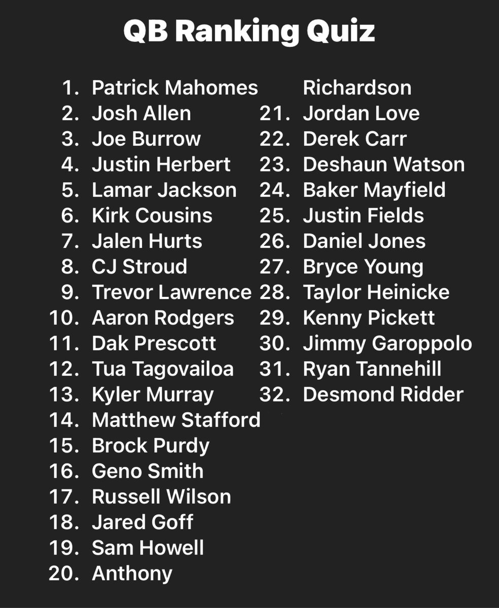I did the StayHot QB Rankings… again. 

I just took out everything past 32 because they don’t matter.
