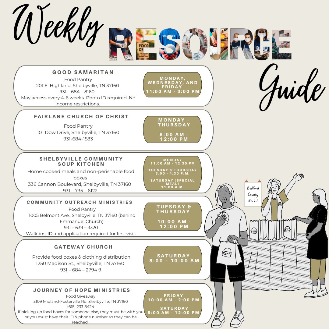 BedCoSchools's tweet image. Here is our weekly #ResourceGuide for Friday, December 8 - Thursday, December 14! We hope this helps, &amp;amp; if you have a resource/organization, we would love to add it to our list! Contact Savannah Lamb at the Central Office - 684-3284. #BedfordCountySchools #Community #FoodPantries