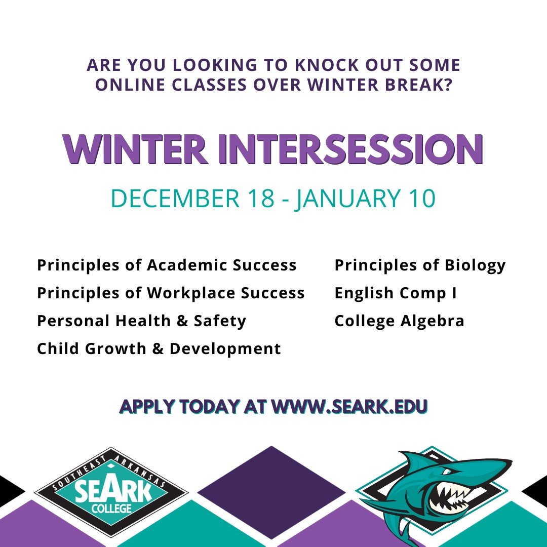 SEARK Shark Athletics (@searksharks) on Twitter photo π¨Alertπ¨<a href="/CollegeSeark/">Southeast Arkansas College</a> is offering winter intersession!!! These classes will appear on the transcript as FALL 23! These are all ONLINE!! <a href="/Sam1NEWski/">Sam Waniewski</a> <a href="/klineSEARK/">Chad Kline</a> <a href="/JUCOadvocate/">JUCOadvocate - Brandon Goble</a> π¨Alertπ¨<a href="/CollegeSeark/">Southeast Arkansas College</a> is offering winter intersession!!! These classes will appear on the transcript as FALL 23! These are all ONLINE!! <a href="/Sam1NEWski/">Sam Waniewski</a> <a href="/klineSEARK/">Chad Kline</a> <a href="/JUCOadvocate/">JUCOadvocate - Brandon Goble</a>