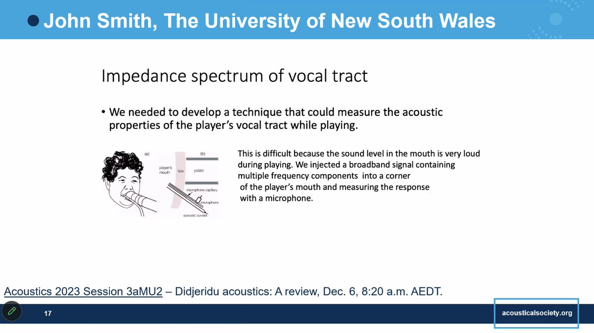 AppliedOceanSciences (@appliedoceansci) on Twitter photo Final <a href="/AIP_Publishing/">AIP Publishing</a> Press Conference finale is Joe Wolfe and John Smith of <a href="/UNSW/">UNSW</a> presenting on the #didjeridu !! They recorded how the #vocaltract actually moves during playing using a microphone inside the mouth.
#Acoustics23 <a href="/AcousticsAUS/">Australian Acoustical Society</a> <a href="/acousticsorg/">Acoustical Society of America</a> Final <a href="/AIP_Publishing/">AIP Publishing</a> Press Conference finale is Joe Wolfe and John Smith of <a href="/UNSW/">UNSW</a> presenting on the #didjeridu !! They recorded how the #vocaltract actually moves during playing using a microphone inside the mouth.
#Acoustics23 <a href="/AcousticsAUS/">Australian Acoustical Society</a> <a href="/acousticsorg/">Acoustical Society of America</a>
