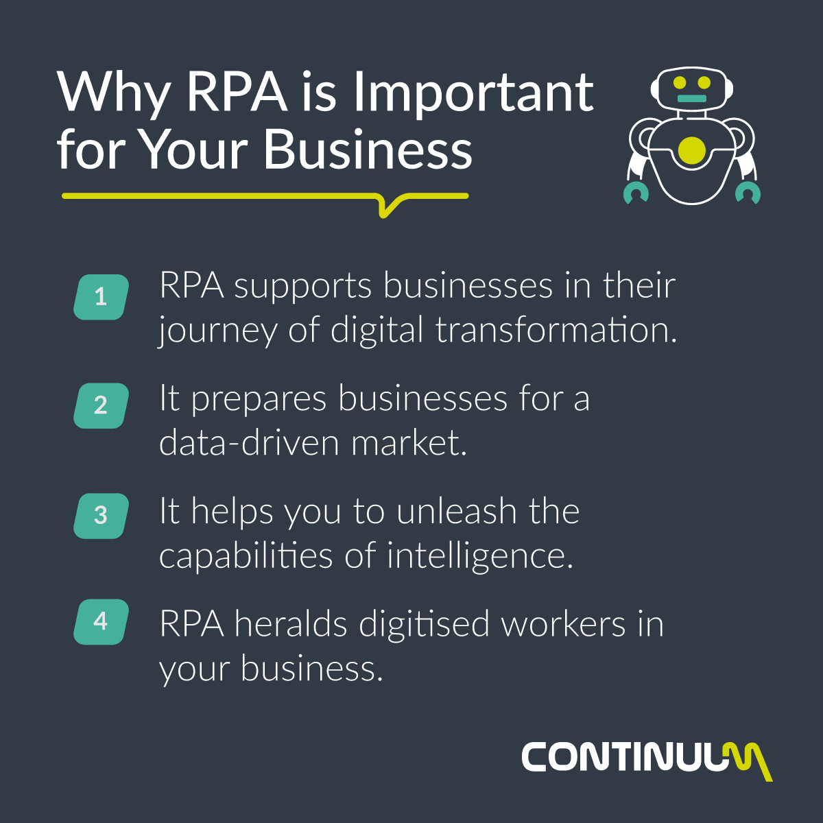 Continuum_aus's tweet photo. Each industry should understand where #RPA is applicable and what values it can offer to their business. Here are the four benefits of why RPA is important for any company. ⬇️

To access a market of top-notch RPA talent, reach out today. ➡️ https://t.co/ZdmbzTV8yh https://t.co/Vnvt4Lv422