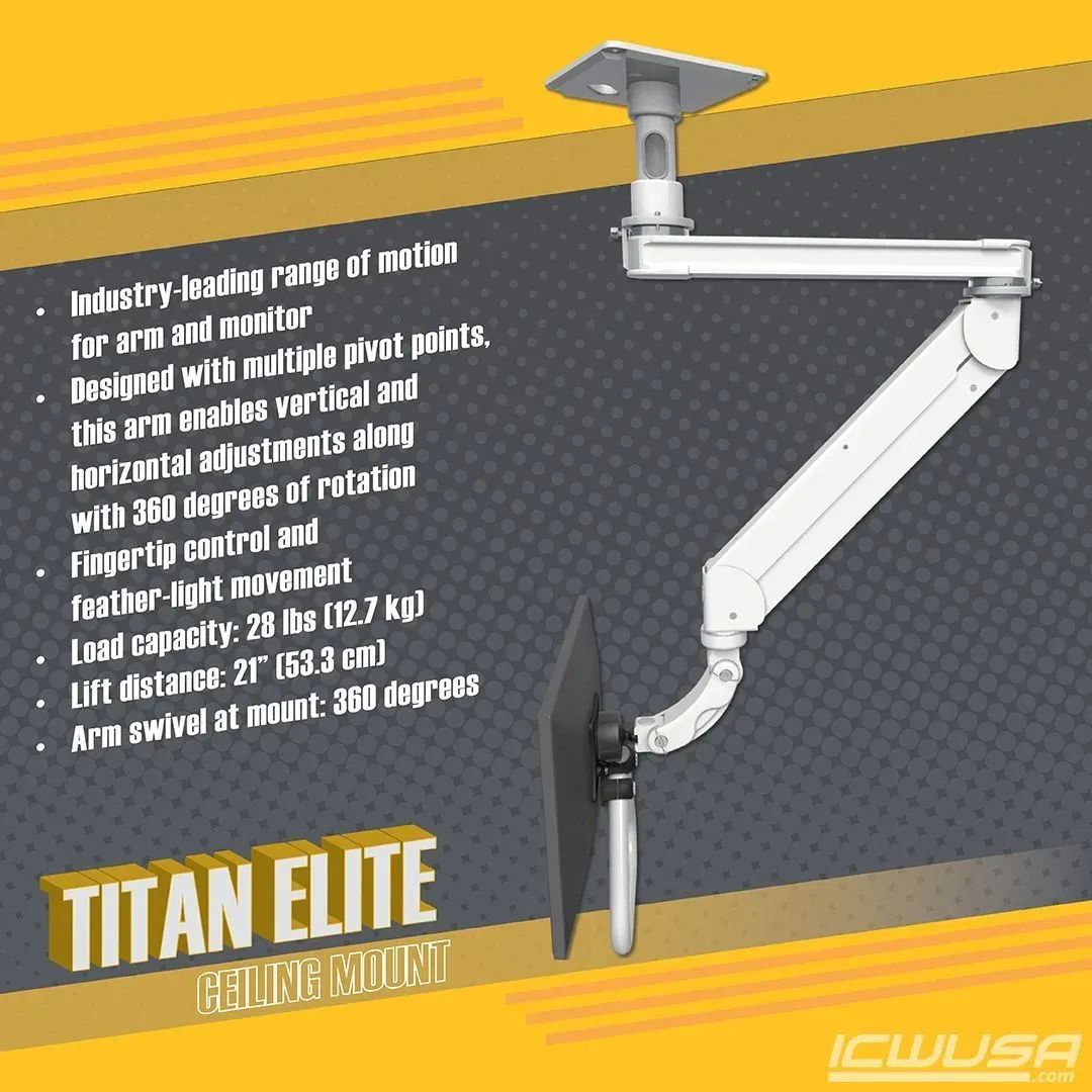 ICWUSA's tweet image. Take a look at ICW's Titan Elite Ceiling Mount The Mount has an industry-leading range of motion for arm and monitor and comes with many unique features. 

#MountingSolutions #ceiling #CeilingMount #Madeinusa #Healthcare #Industrial #Dental #innovation bit.ly/46C2HND